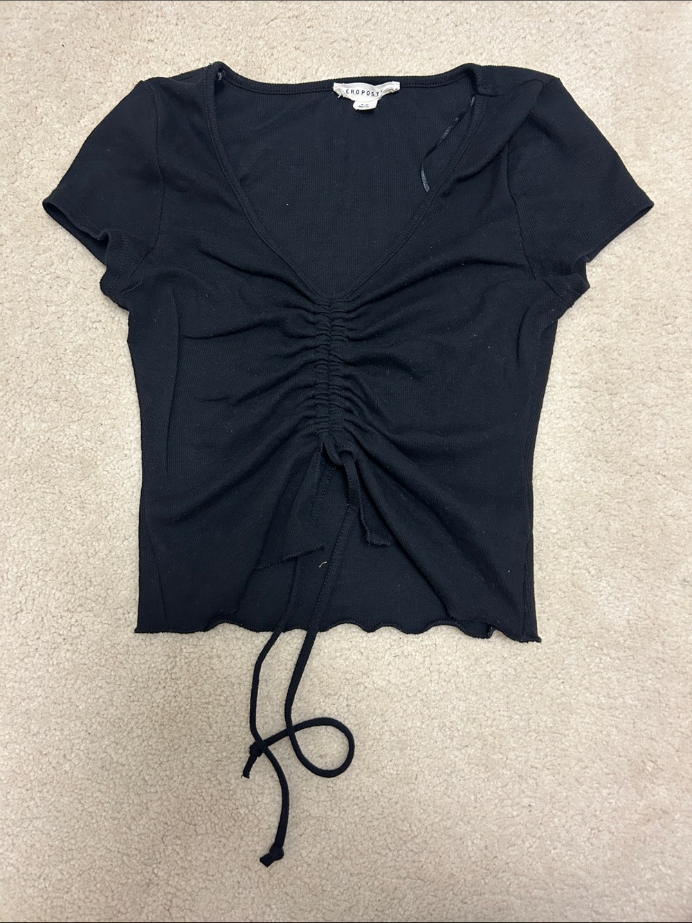 Aeropostale Black Ruched Tie-Front Short Sleeve Crop Top